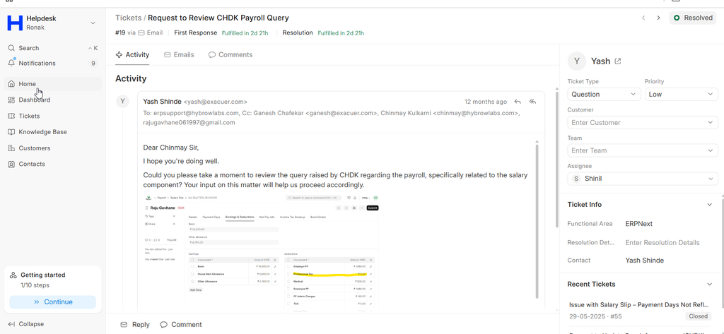 ERPNext organization dashboard accountability and issue resolution view