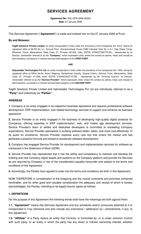 Service agreement step before project kickoff