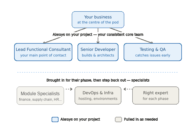 Delivery team structure showing your business at the centre of the pod, the core team, and specialists brought in as needed